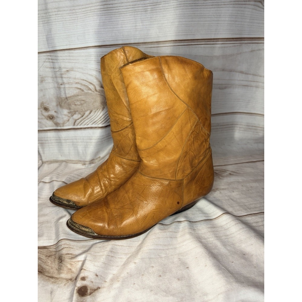 Vintage 60s Endicott Johnson Leather Patchwork Booties Western Brown‎ Womans 9 B